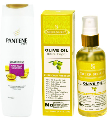 

PANTENE 180 ML HAIR FALL CONTROL SHAMPOO with SHEER SECRET COLD PRESSED OLIVE OIL 100ML(Set of 2)