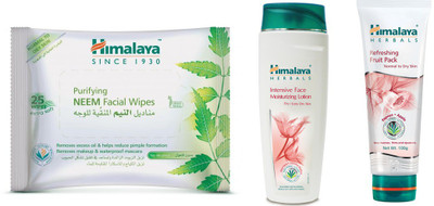 

Himalaya Purifying Neem Facial Wipes, Intensive Face Moisturizing Lotion, Refreshing Fruit Pack(Set of 3)