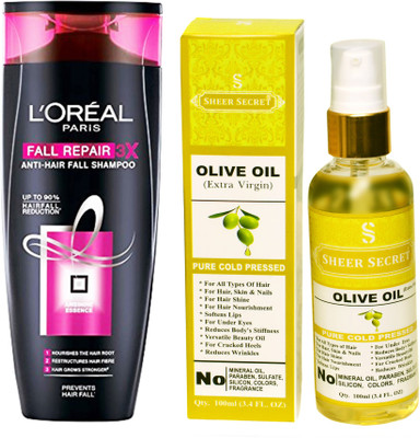 

L'Oreal FALL RESIST 3X SHAMPOO 175ML with SHEER SECRET COLD PRESSED OLIVE OIL 100ML(Set of 2)