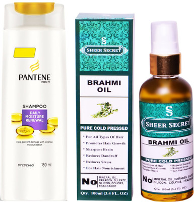 

PANTENE 180 ML DAILY MOISTURE RENEWAL SHAMPOO with SHEER SECRET COLD PRESSED BRAHMI OIL 100ML(Set of 2)