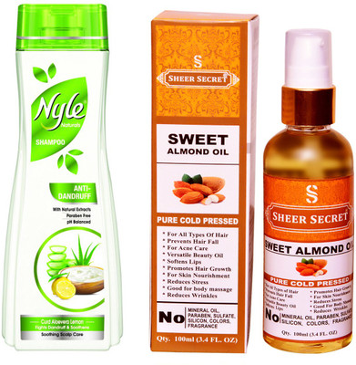 

NYLE 180 ML ANTI DANDRUFF SHAMPOO with SHEER SECRET COLD PRESSED SWEET ALMOND OIL 100ML(Set of 2)