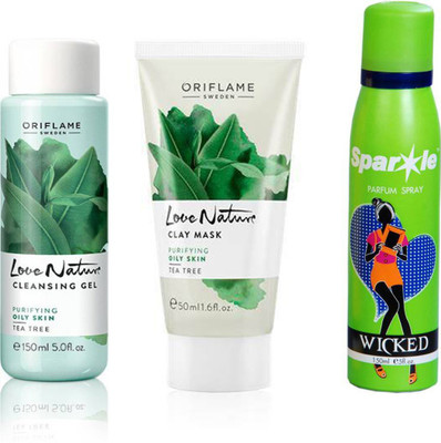 

Oriflame Sweden Forever Love Nature Tea Tree Cleansing Gel 150 Ml, Clay Mask 50 Ml With One Sparkle Perfume Spray 150 Ml(Set of 2)