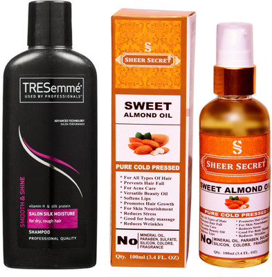 

TRESemme 190 ML SALON SILK MOISTURE SHAMPOO with SHEER SECRET COLD PRESSED SWEET ALMOND OIL 100ML(Set of 2)