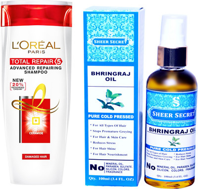 

L'Oreal TOTAL REPAIR 5 SHAMPOO 175ML with SHEER SECRET COLD PRESSED BHRINGRAJ OIL 100ML(Set of 2)