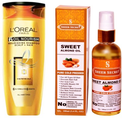 

L'Oreal 6 OIL NOURISH SHAMPOO 175ML with SHEER SECRET COLD PRESSED SWEET ALMOND OIL 100ML(Set of 2)