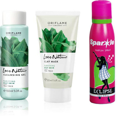 

Oriflame Sweden Forever Love Nature Tea Tree Cleansing Gel 150 Ml, Clay Mask 50 Ml With One Sparkle Perfume Spray 150 Ml(Set of 3)