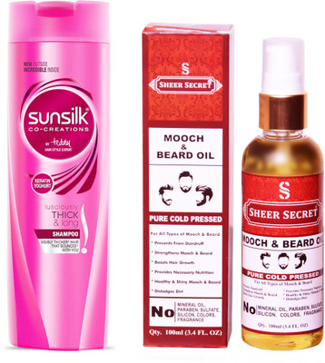 

SUNSILK 180 ML LUSCIOUSLY THICK AND LONG SHAMPOO with SHEER SECRET COLD PRESSED MOOCH AND BEARD OIL 100ML(Set of 2)