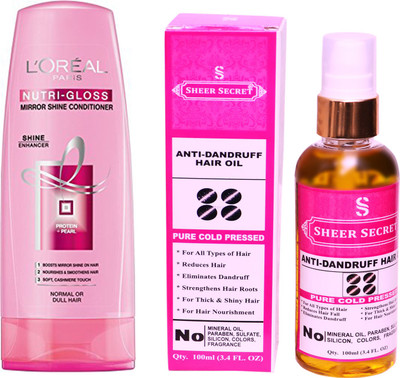 

L'Oreal NUTRI GLOSS CONDITIONER 175 ML with SHEER SECRET COLD PRESSED ANTI DANDRUFF OIL 100ML(Set of 2)