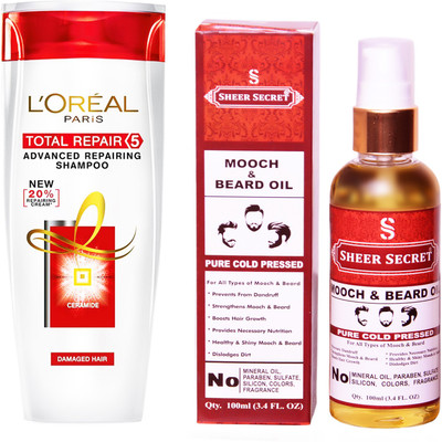 

L'Oreal TOTAL REPAIR 5 SHAMPOO 175ML with SHEER SECRET COLD PRESSED MOOCH AND BEARD OIL 100ML(Set of 2)