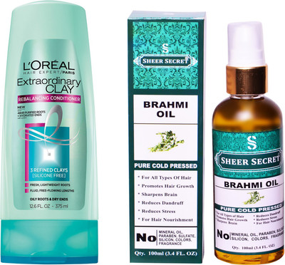 

L'Oreal EXTRA ORDINARY CLAY CONDITIONER 175 ML with SHEER SECRET COLD PRESSED BRAHMI OIL 100ML(Set of 2)