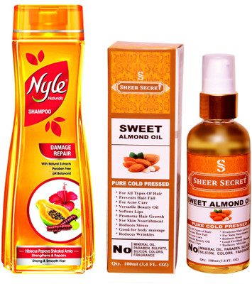 NYLE 400 ML DAMAGE REPAIR SHAMPOO with SHEER SECRET COLD PRESSED SWEET ALMOND OIL 100ML(Set of 2)