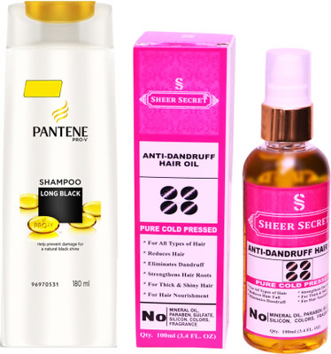 

PANTENE 180 ML LONG BLACK SHAMPOO with SHEER SECRET COLD PRESSED ANTI DANDRUFF OIL 100ML(Set of 2)
