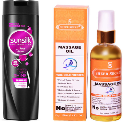 

SUNSILK 180 ML STUNNING BLACK SHINE SHAMPOO with SHEER SECRET COLD PRESSED MASSAGE OIL 100ML(Set of 2)