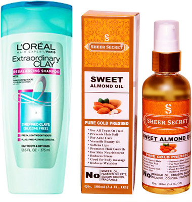 

L'Oreal EXTRA ORDINARY CLAY SHAMPOO 175ML with SHEER SECRET COLD PRESSED SWEET ALMOND OIL 100ML(Set of 2)