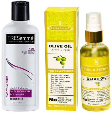 

TRESemme 190 ML SALON SILK MOISTURE CONDITIONER with SHEER SECRET COLD PRESSED OLIVE OIL 100ML(Set of 2)
