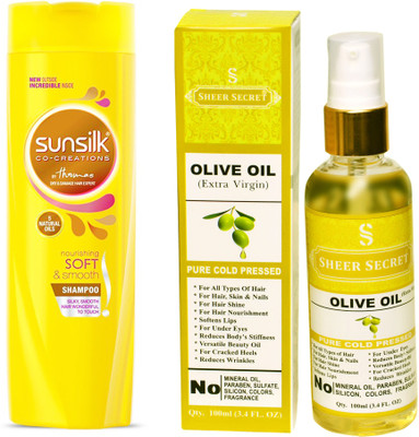 

SUNSILK 180 ML NOURISHING SOFT AND SMOOTH SHAMPOO with SHEER SECRET COLD PRESSED OLIVE OIL 100ML(Set of 2)
