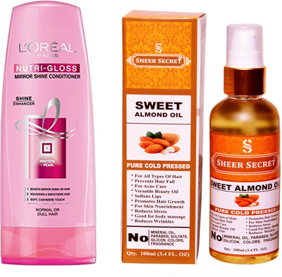 

L'Oreal NUTRI GLOSS CONDITIONER 175 ML with SHEER SECRET COLD PRESSED SWEET ALMOND OIL 100ML(Set of 2)