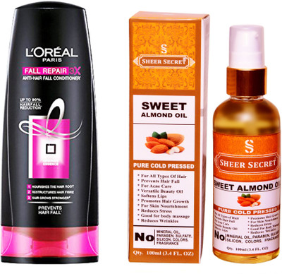 

L'Oreal FALL RESIST 3X CONDITIONER 175 ML with SHEER SECRET COLD PRESSED SWEET ALMOND OIL 100ML(Set of 2)