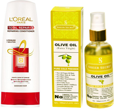 

L'Oreal TOTAL REPAIR 5 CONDITIONER 175 ML with SHEER SECRET COLD PRESSED OLIVE OIL 100ML(Set of 2)