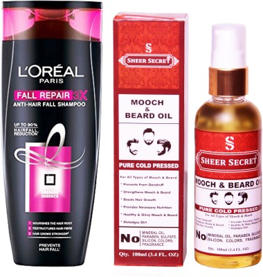 

L'Oreal FALL RESIST 3X SHAMPOO 175ML with SHEER SECRET COLD PRESSED MOOCH AND BEARD OIL 100ML(Set of 2)