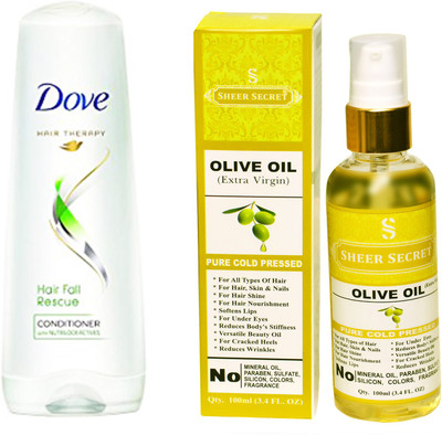 

Dove 180 ML HAIRFALL RESCUE CONDITIONER with SHEER SECRET COLD PRESSED OLIVE OIL 100ML(Set of 2)
