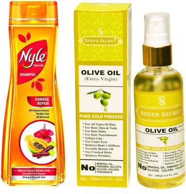

NYLE 180 ML DAMAGE REPAIR SHAMPOO with SHEER SECRET COLD PRESSED OLIVE OIL 100ML(Set of 2)