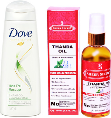

Dove 180 ML HAIRFALL RESCUE SHAMPOO with SHEER SECRET COLD PRESSED THANDA OIL 100ML(Set of 2)