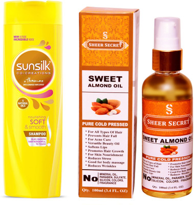 

SUNSILK 180 ML NOURISHING SOFT AND SMOOTH SHAMPOO with SHEER SECRET COLD PRESSED SWEET ALMOND OIL 100ML(Set of 2)