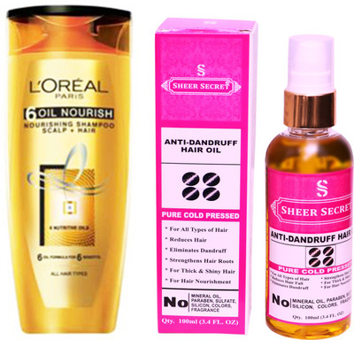 

L'Oreal 6 OIL NOURISH SHAMPOO 175ML with SHEER SECRET COLD PRESSED ANTI DANDRUFF OIL 100ML(Set of 2)
