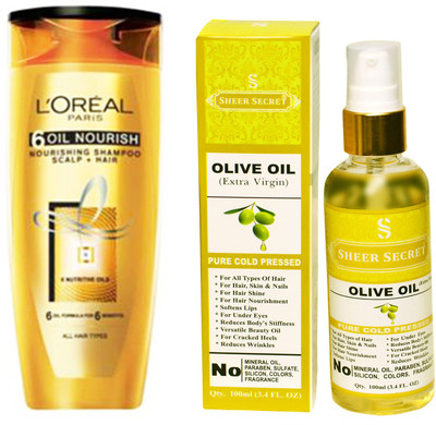 L'Oreal 6 OIL NOURISH SHAMPOO 175ML with SHEER SECRET COLD PRESSED OLIVE OIL 100ML(Set of 2)