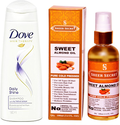 

Dove 180 ML DAILY SHINE SHAMPOO with SHEER SECRET COLD PRESSED SWEET ALMOND OIL 100ML(Set of 2)