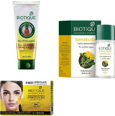 

BIOTIQUE BIO Gold Radiance Facial Kit, Bio Pineapple Oil Control Foaming Face Wash, Bio Dandelion Ageless Lightening Serum(Set of 3)