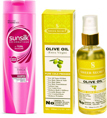 

SUNSILK 180 ML LUSCIOUSLY THICK AND LONG SHAMPOO with SHEER SECRET COLD PRESSED OLIVE OIL 100ML(Set of 2)