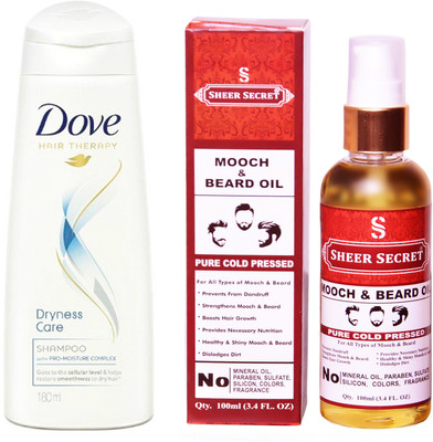 

Dove 180 ML DRYNESS CARE SHAMPOO with SHEER SECRET COLD PRESSED MOOCH AND BEARD OIL 100ML(Set of 2)