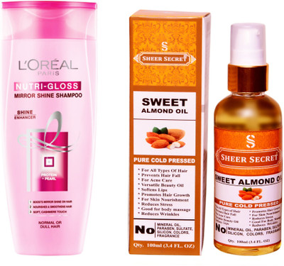 

L'Oreal NUTRI GLOSS SHAMPOO 175ML with SHEER SECRET COLD PRESSED SWEET ALMOND OIL 100ML(Set of 2)