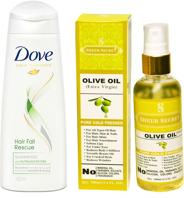 

Dove 180 ML HAIRFALL RESCUE SHAMPOO with SHEER SECRET COLD PRESSED OLIVE OIL 100ML(Set of 2)
