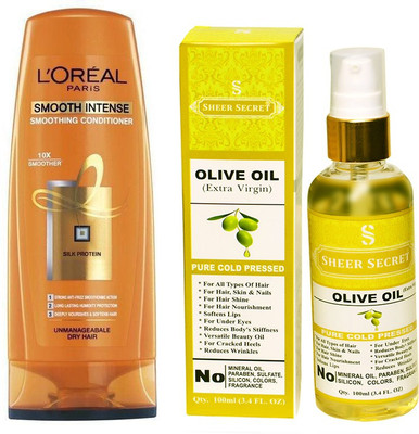 

L'Oreal SMOOTH INTENSE CONDITIONER 175 ML with SHEER SECRET COLD PRESSED OLIVE OIL 100ML(Set of 2)