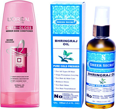 

L'Oreal NUTRI GLOSS CONDITIONER 175 ML with SHEER SECRET COLD PRESSED BHRINGRAJ OIL 100ML(Set of 2)