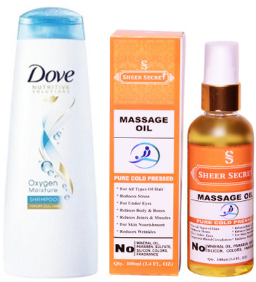 

Dove 180 ML OXYGEN MOISTURE SHAMPOO with SHEER SECRET COLD PRESSED MASSAGE OIL 100ML(Set of 2)
