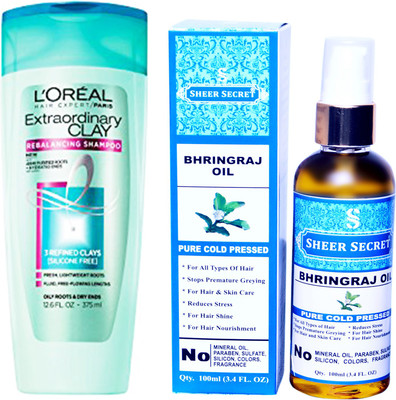 

L'Oreal EXTRA ORDINARY CLAY SHAMPOO 175ML with SHEER SECRET COLD PRESSED BHRINGRAJ OIL 100ML(Set of 2)