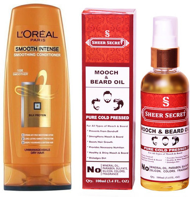 

L'Oreal SMOOTH INTENSE CONDITIONER 175 ML with SHEER SECRET COLD PRESSED MOOCH AND BEARD OIL 100ML(Set of 2)