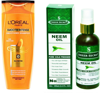 

L'Oreal SMOOTH INTENSE SHAMPOO 175ML with SHEER SECRET COLD PRESSED NEEM OIL 100ML(Set of 2)