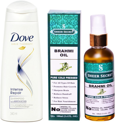 

Dove 180 ML INTENSE REPAIR SHAMPOO with SHEER SECRET COLD PRESSED BRAHMI OIL 100ML(Set of 2)