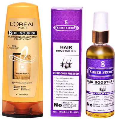 

L'Oreal 6 OIL NOURISH CONDITIONER 175 ML with SHEER SECRET COLD PRESSED HAIR BOOSTER OIL 100ML(Set of 2)