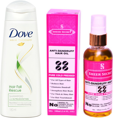 

Dove 180 ML HAIRFALL RESCUE SHAMPOO with SHEER SECRET COLD PRESSED ANTI DANDRUFF OIL 100ML(Set of 2)