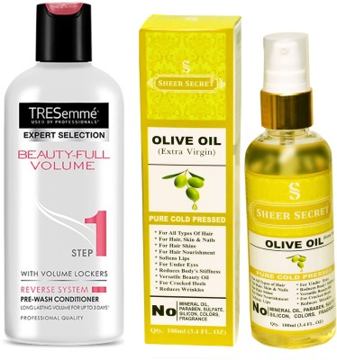 

TRESemme 190 ML BEAUTIFULL VOLUME CONDITIONER with SHEER SECRET COLD PRESSED OLIVE OIL 100ML(Set of 2)