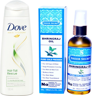 

Dove 180 ML HAIRFALL RESCUE SHAMPOO with SHEER SECRET COLD PRESSED BHRINGRAJ OIL 100ML(Set of 2)