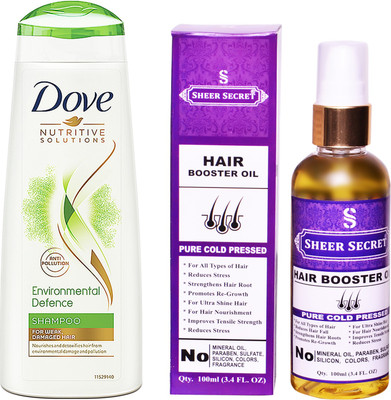 

Dove 180 ML ENVIRONMENTAL DEFENCE SHAMPOO with SHEER SECRET COLD PRESSED HAIR BOOSTER OIL 100ML(Set of 2)