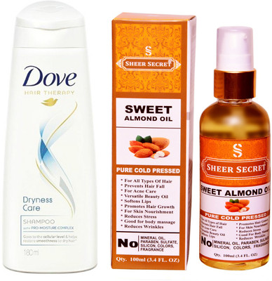 

Dove 180 ML DRYNESS CARE SHAMPOO with SHEER SECRET COLD PRESSED SWEET ALMOND OIL 100ML(Set of 2)