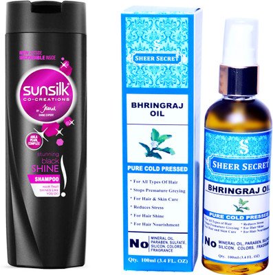 

SUNSILK 180 ML STUNNING BLACK SHINE SHAMPOO with SHEER SECRET COLD PRESSED BHRINGRAJ OIL 100ML(Set of 2)